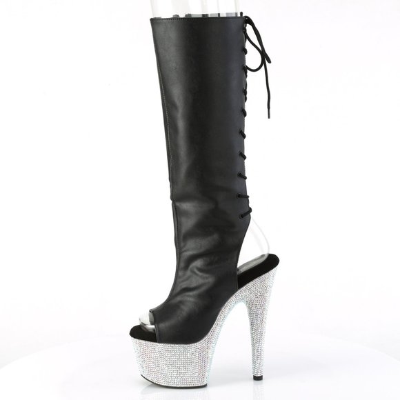 Rhinestone Platform Lace Up Back High Heel Knee Boots